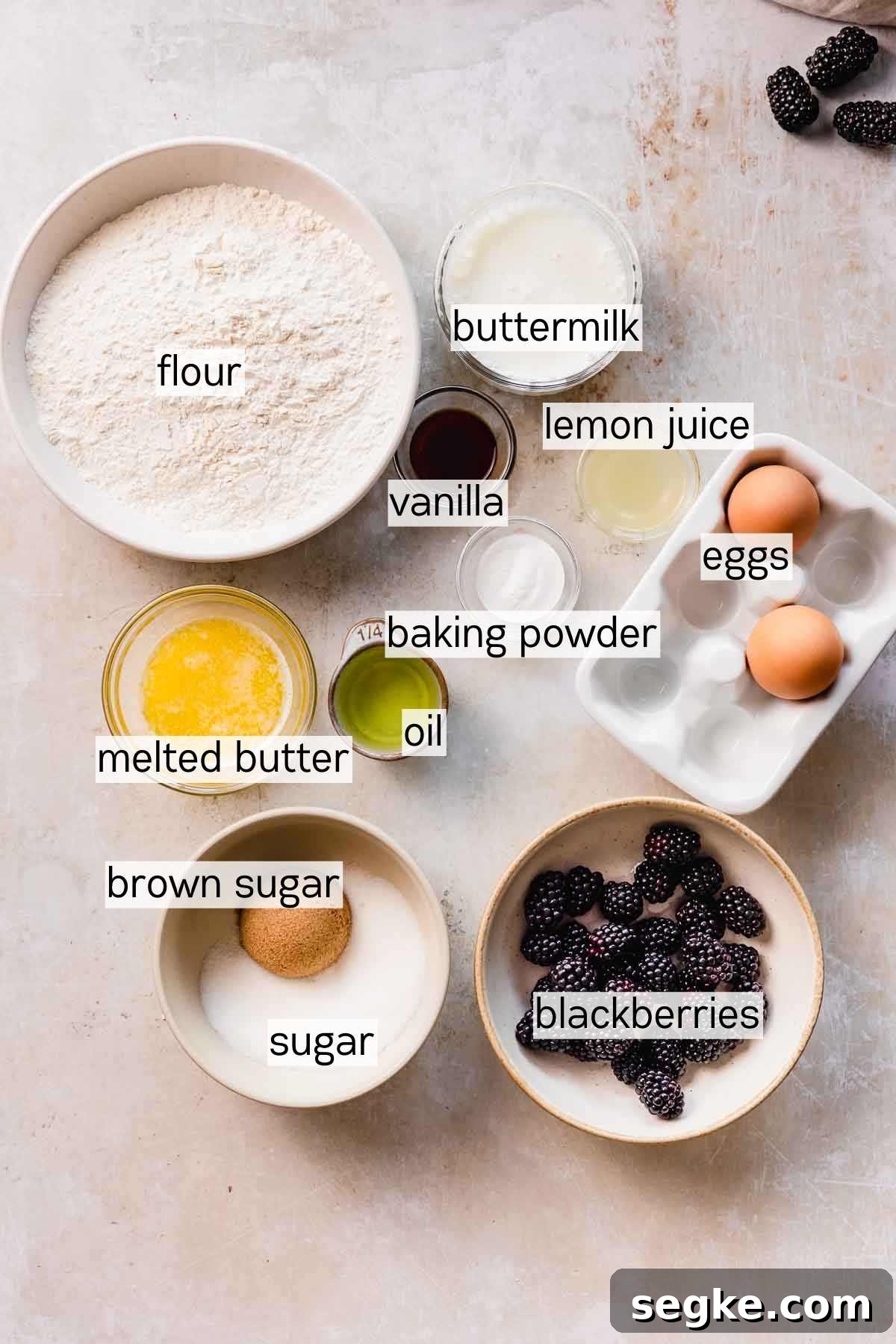 Blackberry Muffins Recipe: Fluffy, Juicy, Homemade 3 blackberry buttermilk muffins ingredients in bowls