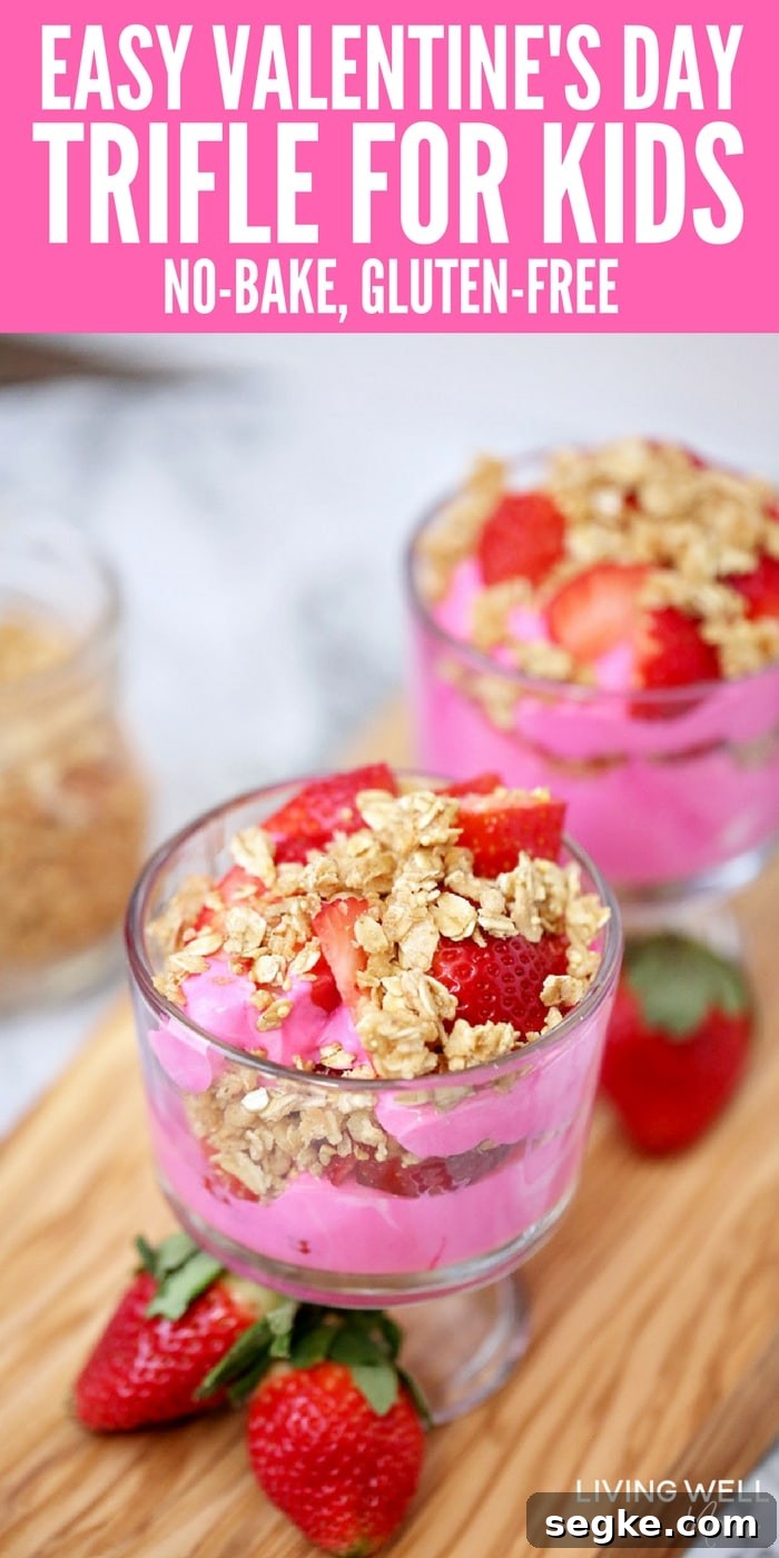 Easy Valentine’s Day Trifle recipe for kids - with yogurt, granola, and strawberries, this festive treat is perfect for a fun valentine’s day snack or even breakfast. It’s quick and easy to make and best of all, a healthier alternative to candy!