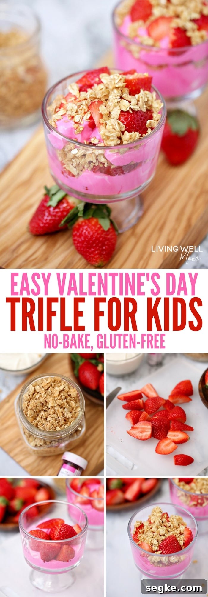 Easy Valentine’s Day Trifle recipe for kids - with yogurt, granola, and strawberries, this festive treat is perfect for a fun valentine’s day snack or even breakfast. It’s quick and easy to make and best of all, a healthier alternative to candy!