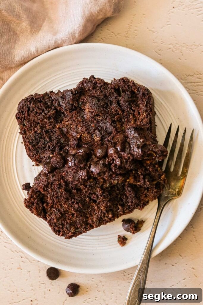 Gluten-Free Chocolate Zucchini Bread (Grain-Free Paleo Recipe) 6 2 slices of paleo chocolate bread on a plate with a fork.