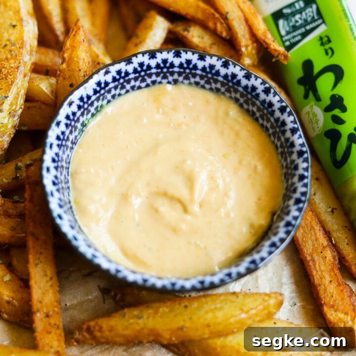 Wasabi mayo aioli sauce in a blue bowl with fries.