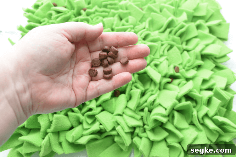 Add tiny training treats to the DIY Pet Snuffle Mat
