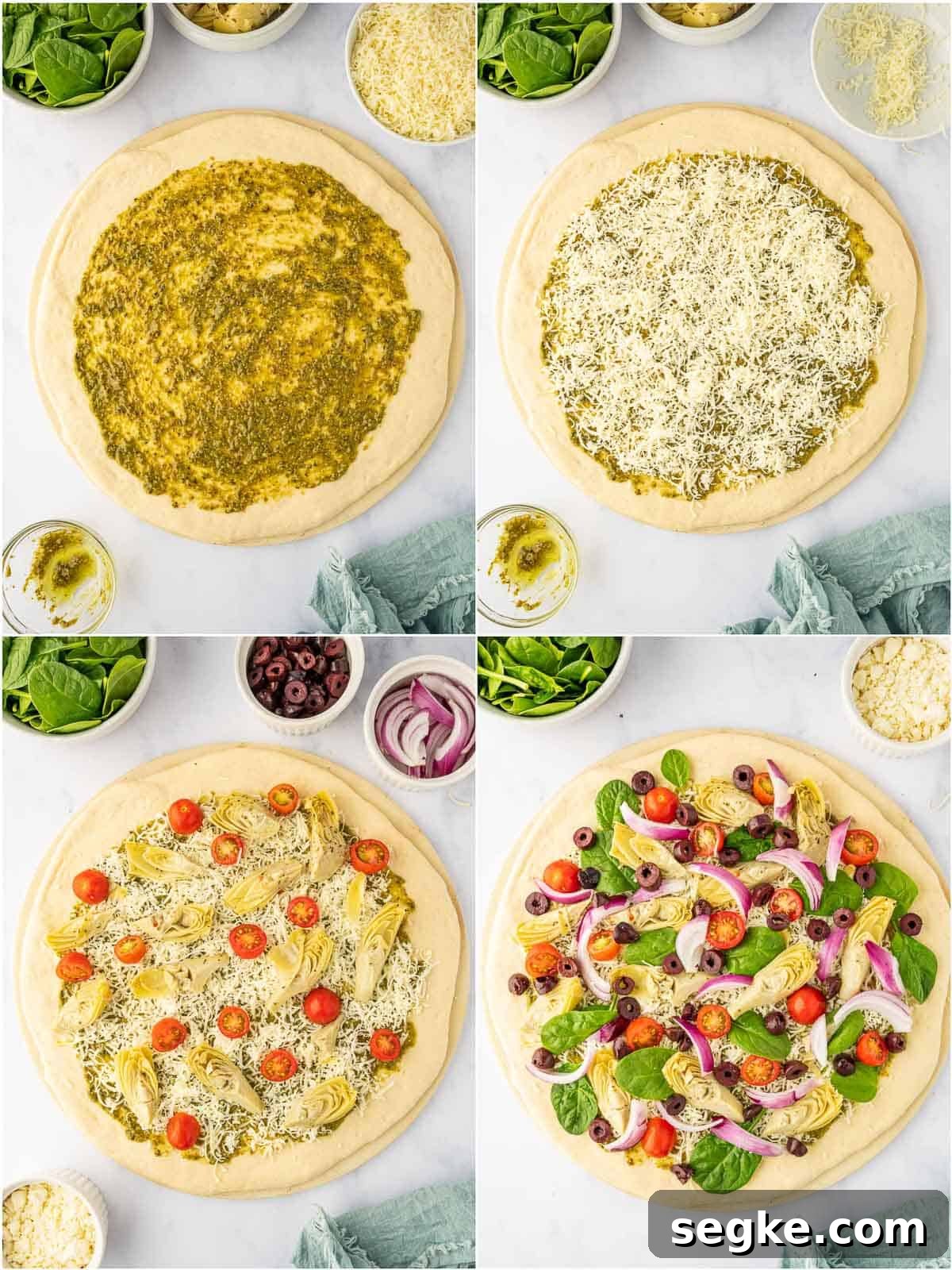 Homemade Crispy Mediterranean Pizza with Feta and Olives 5 process shot topping the pizza.