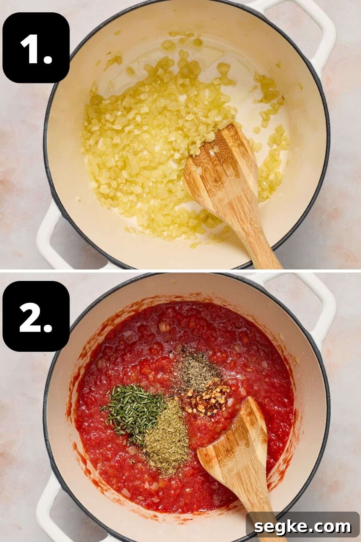 Steps 1-2 of preparing this recipe: cooking the onion in a saucepan and adding in the tomato and seasonings.