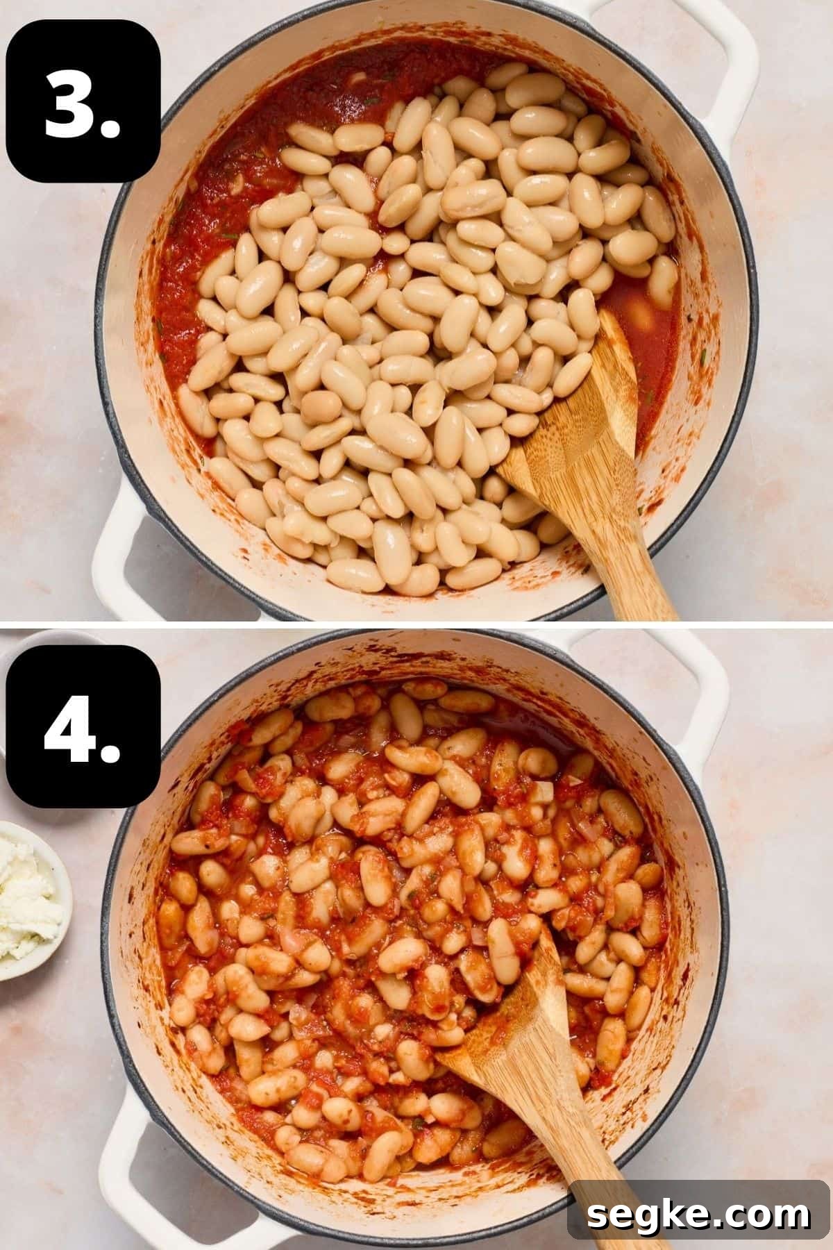 Steps 3-4 of preparing this recipe: the beans added to a tomato sauce and the cooked dish ready for serving.