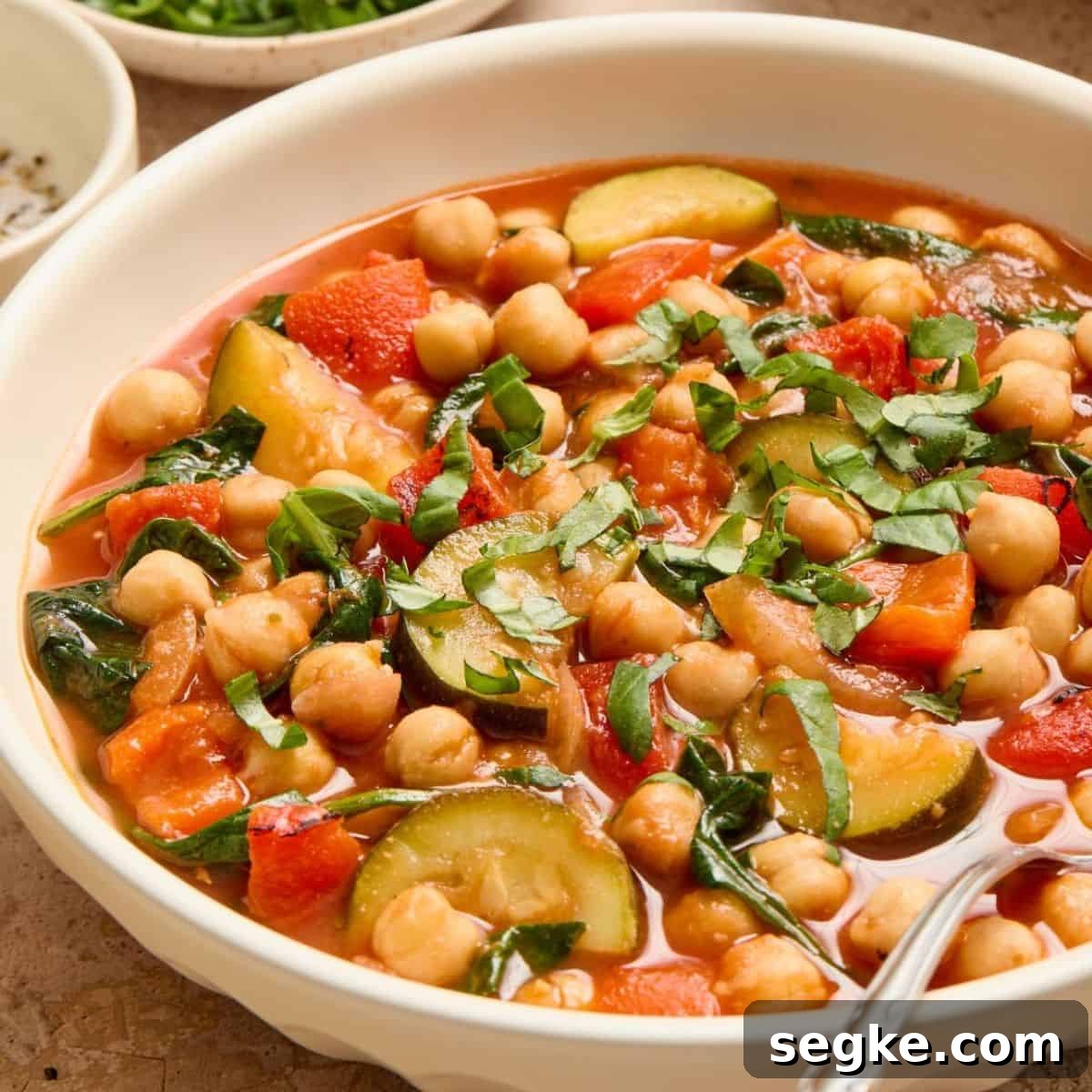 Round white bowls of Chickpea and Zucchini Stew with a spoon resting in it, garnished with fresh basil.
