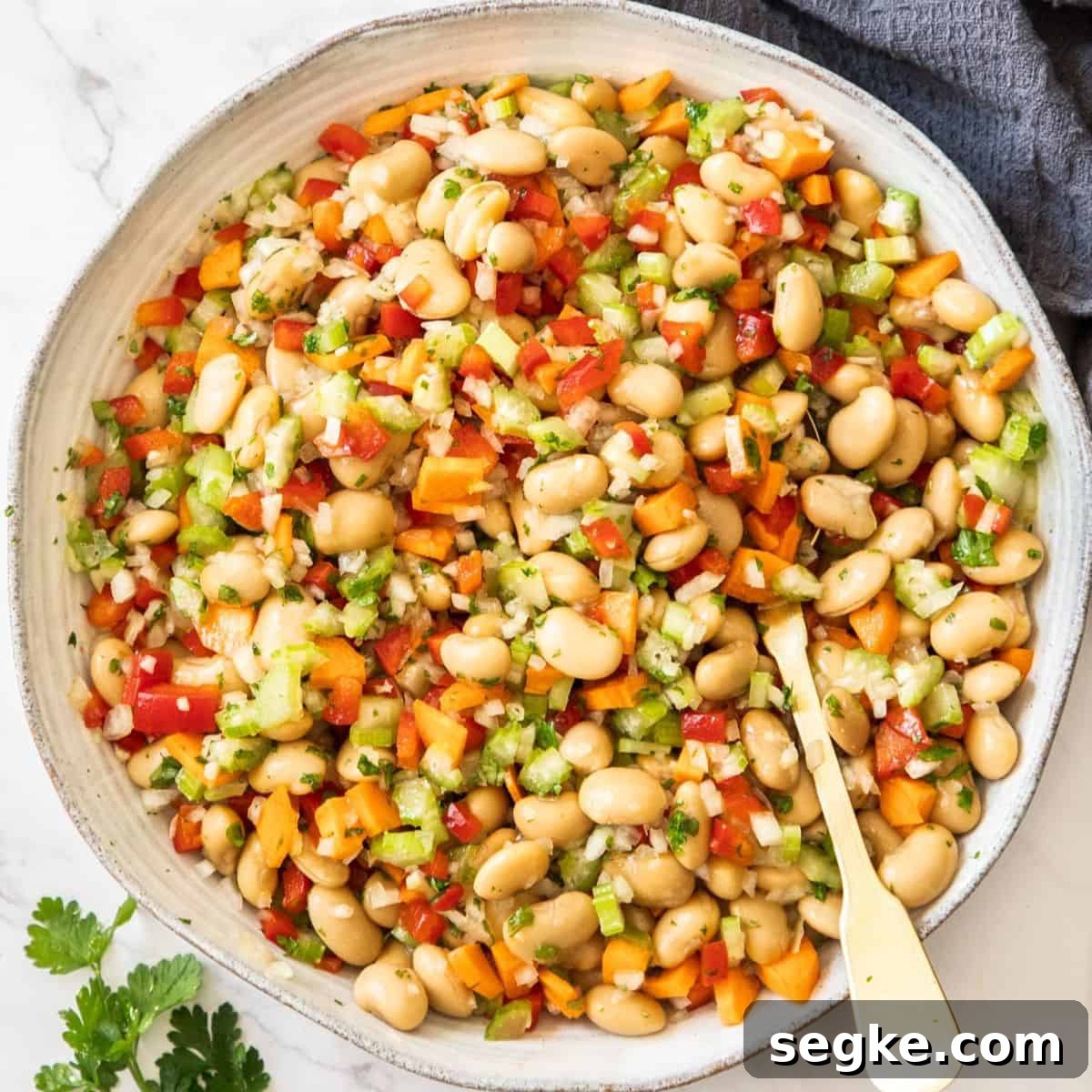 Round dish of Butter Bean Salad, with a spoon sitting in it, and a sprig of parsley and grey towel on edge of photo.
