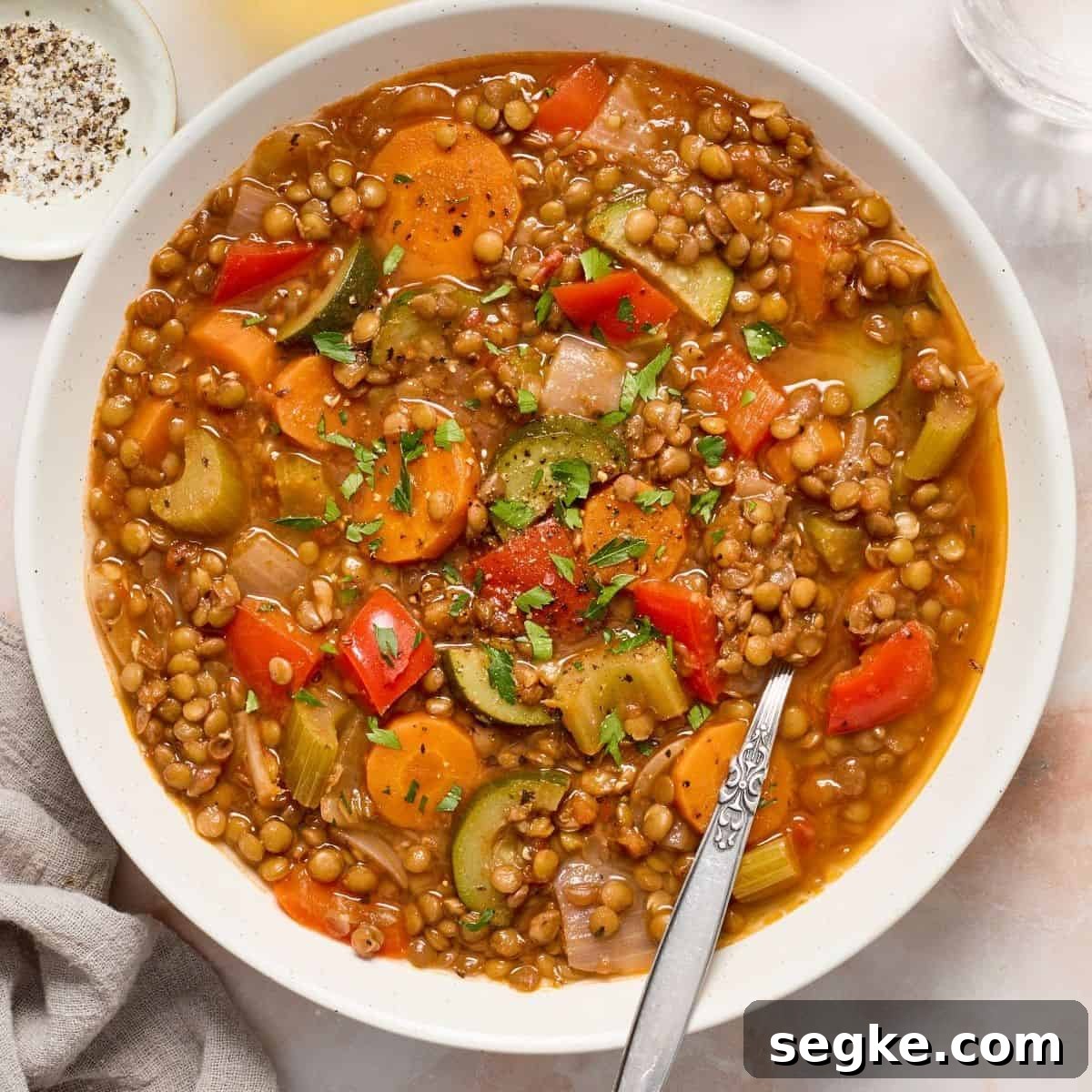 Round white dish of Lentil Stew, with a spoon sitting in the dish.