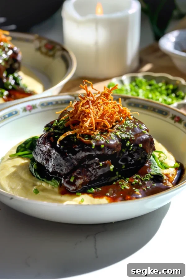 Boneless short ribs glazed with dark red wine sauce served over creamy polenta with spinach and crispy parsnips