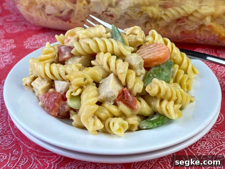 Smooth and creamy Velveeta casserole with chicken with cheese melted around rotini pasta, Italian veggies and diced rotel tomatoes 