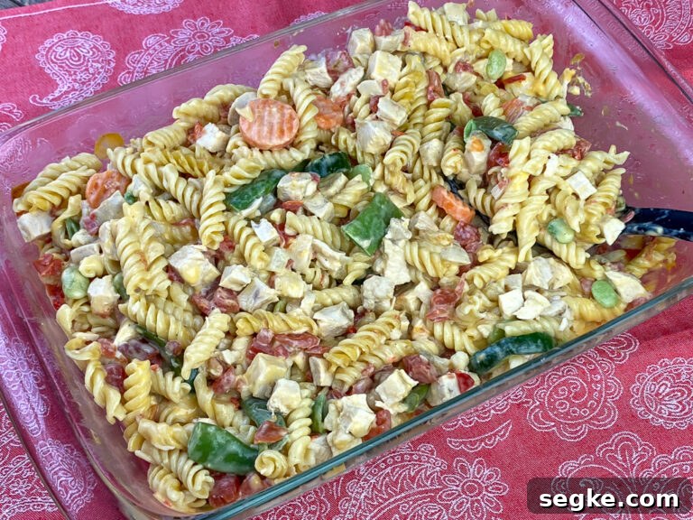 9 x 13 baking dish full of warm Velveeta chicken casserole with cheese, cubed chicken and veggies on a red and white napkin.