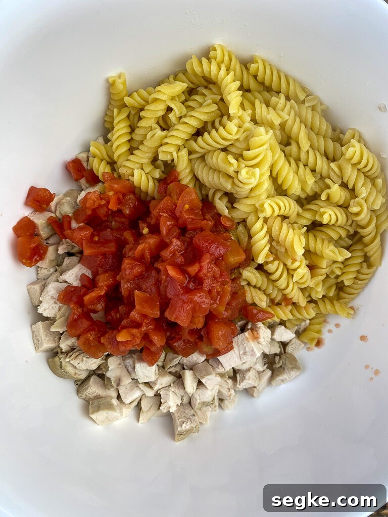 Can of rotel diced tomatoes and green chilies poured on cubes of chicken and cooked rotini