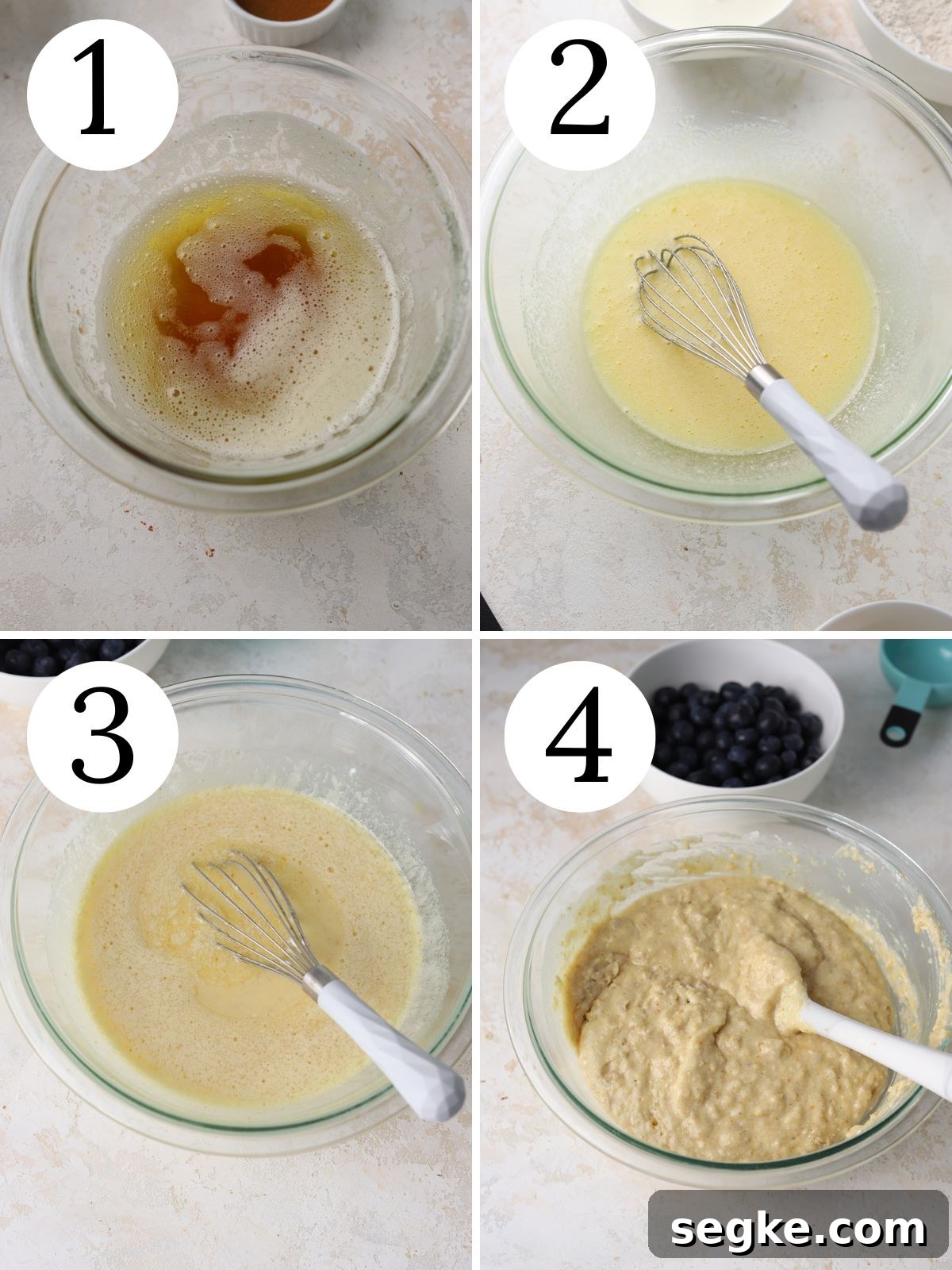 Moist Blueberry Cornmeal Cake Recipe 3 A four photo collage showing how to bake a blueberry cornmeal cake.