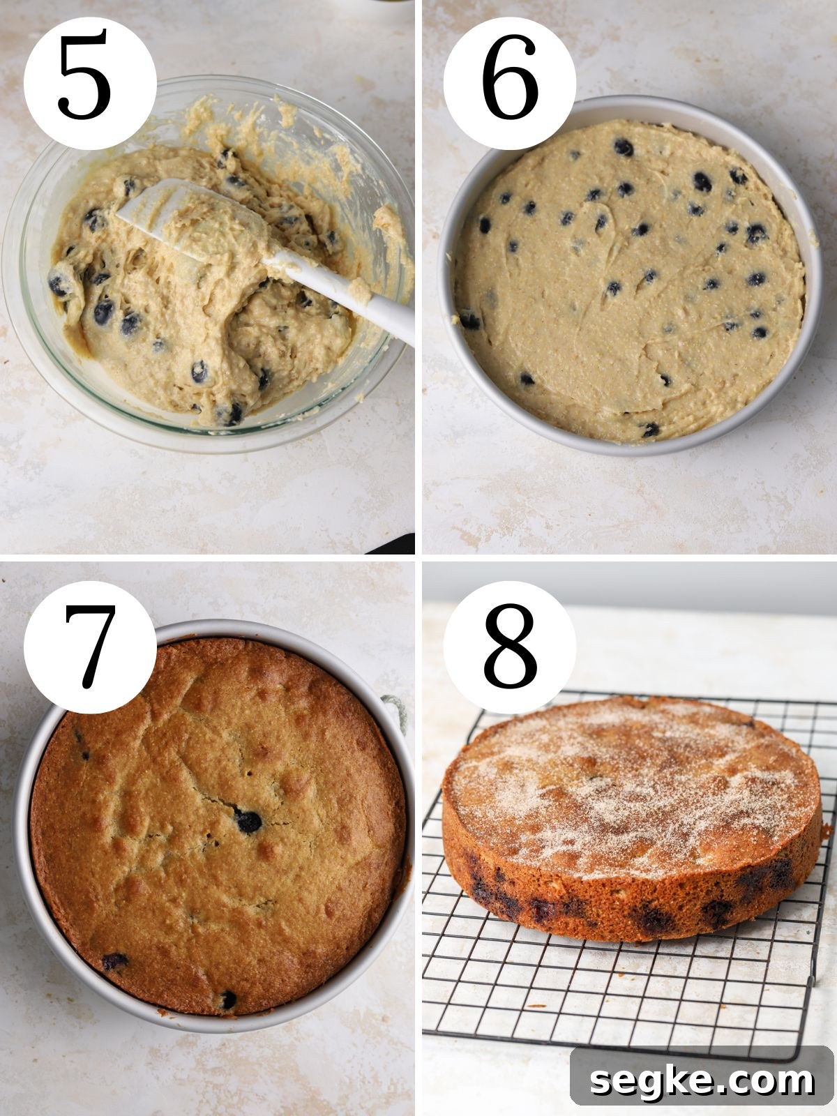 Moist Blueberry Cornmeal Cake Recipe 4 A four photo collage showing how to bake a blueberry cornmeal cake.