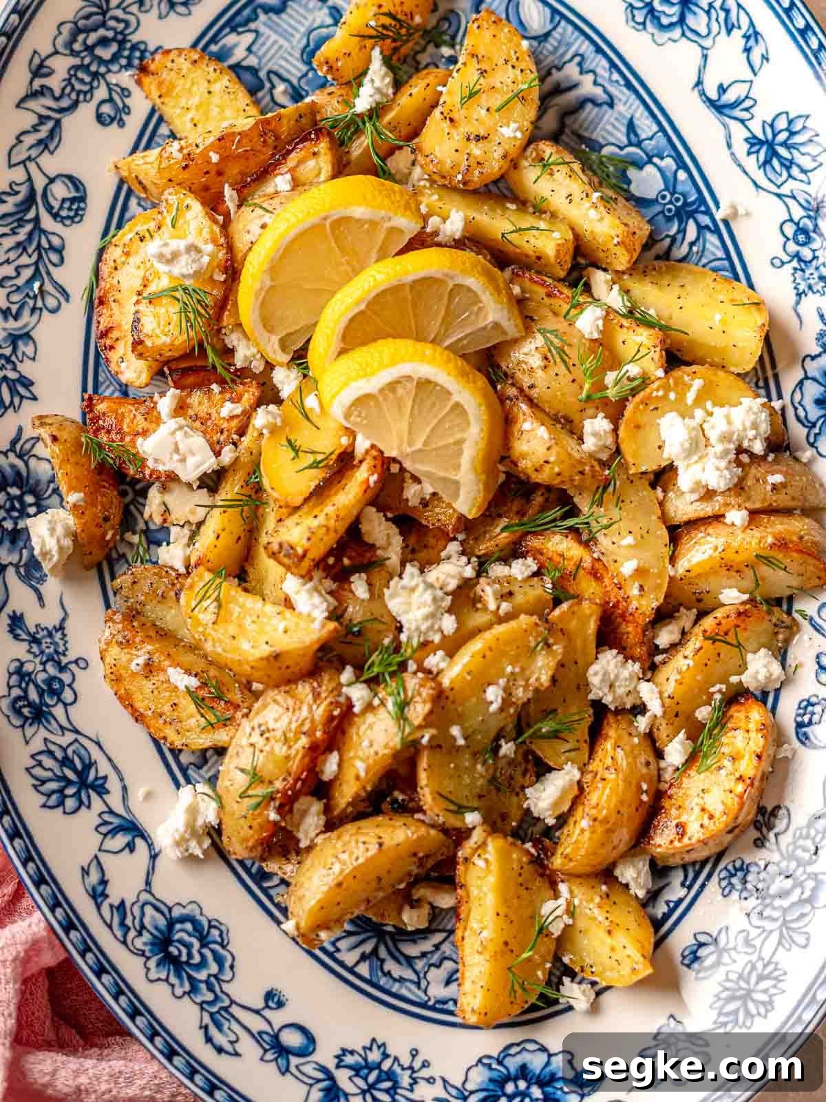 Roasted yellow potatoes with feta, dill and lemon slices.