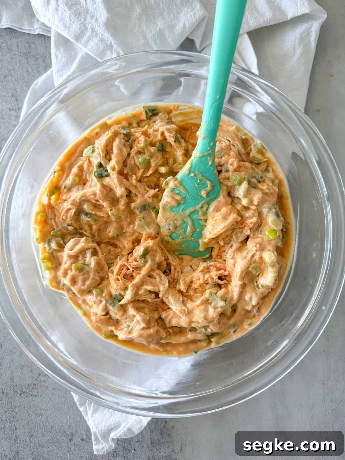 Dairy-Free Buffalo Chicken Dip Recipe 3 Dairy free buffalo chicken dip in bowl.