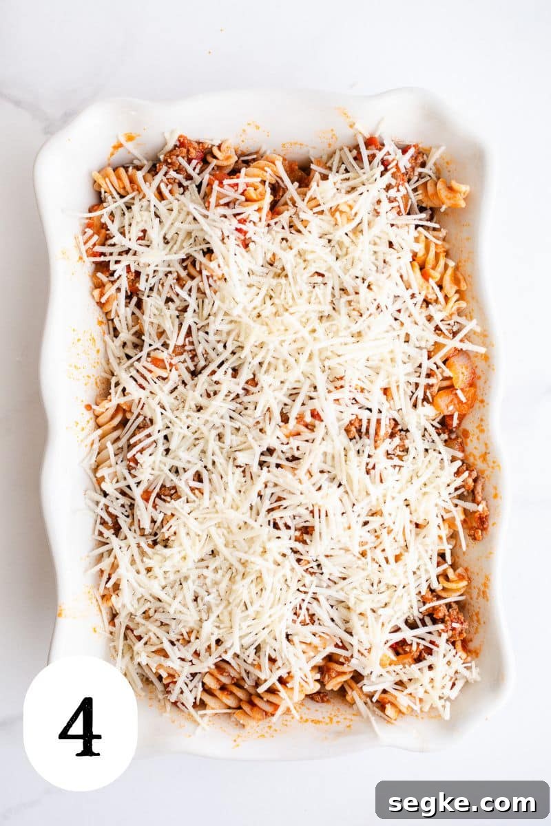 Cheesy Ground Beef Pasta Bake 7 A pasta casserole topped with cheese.
