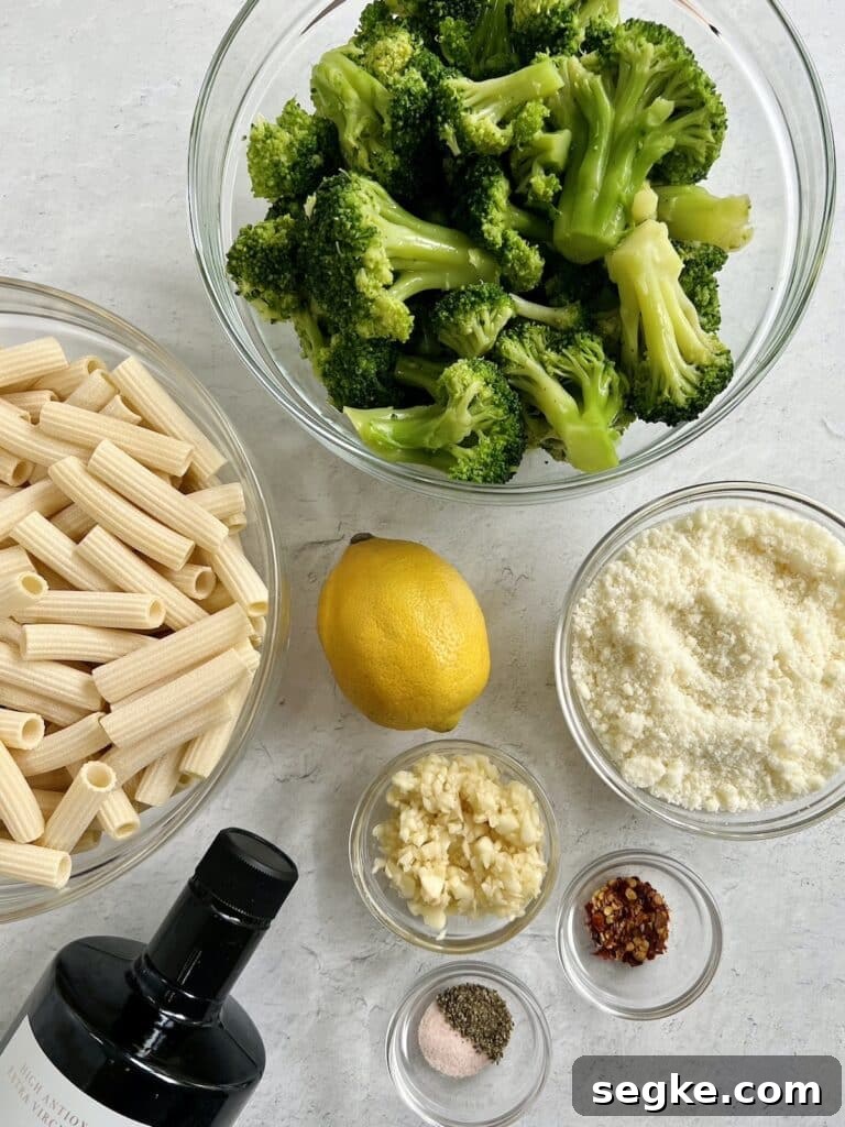 Lemony Broccoli Pasta with Pecorino 3 Overhead view of ingredients for Italian broccoli pasta.