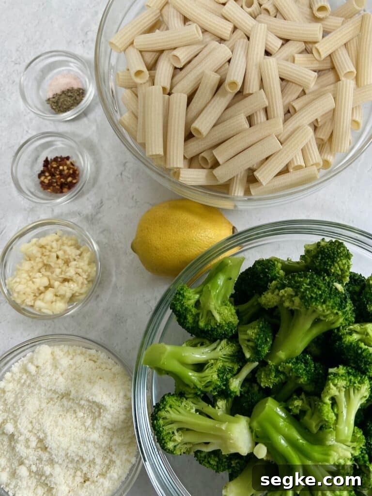 Lemony Broccoli Pasta with Pecorino 4 Overhead view of ingredients for Italian broccoli pasta.