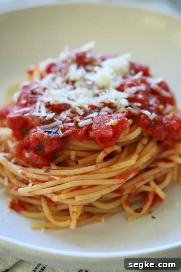 pile of spaghetti covered in arrabiata sauce in bowl