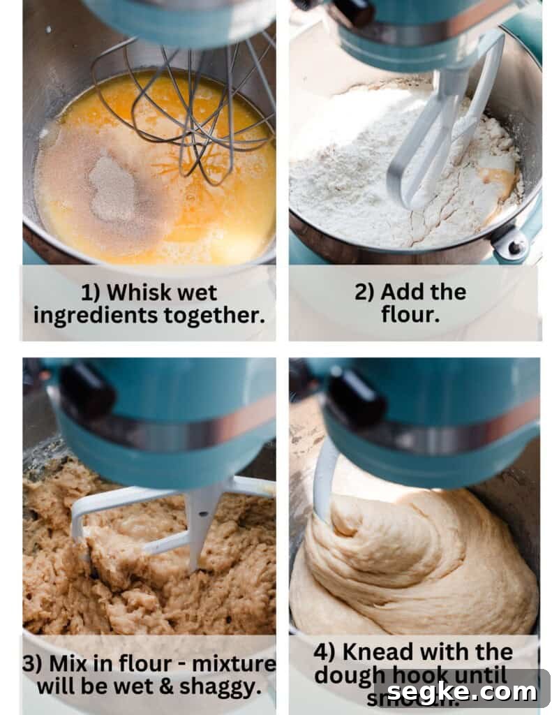 Apple Pie Cinnamon Rolls with Apple Cider Caramel Bottoms 4 Four images showing the dough coming together.