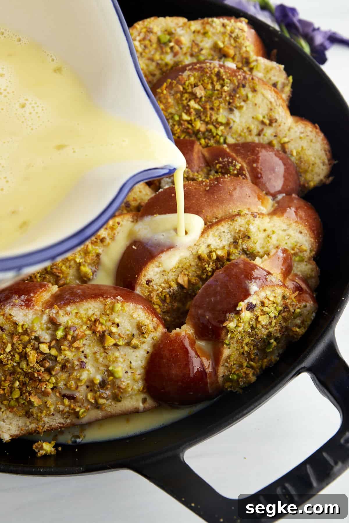 Baked challah french toast with pistachios