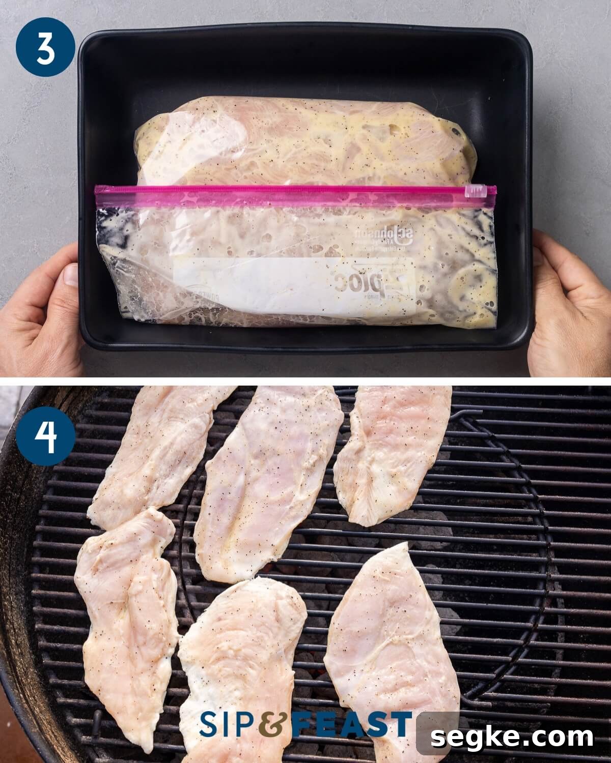 How to Make Juicy Marinated Grilled Chicken 6 Recipe collage two showing placing the chicken and marinade in a sealable bag and grilling the chicken on a charcoal grill.