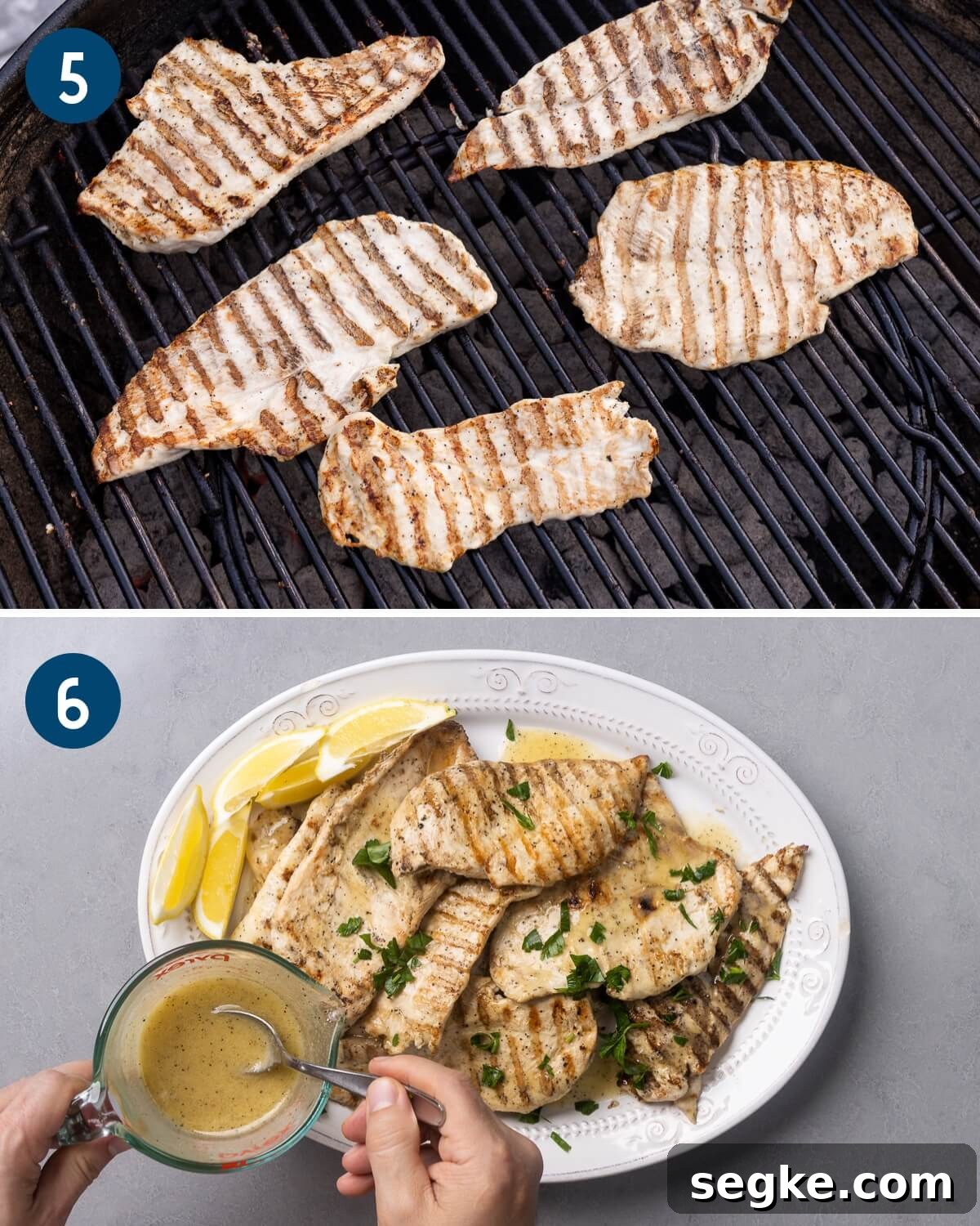 How to Make Juicy Marinated Grilled Chicken 7 Recipe collage three showing grilling the chicken and spooning some of the reserved marinade over the finished grilled chicken.