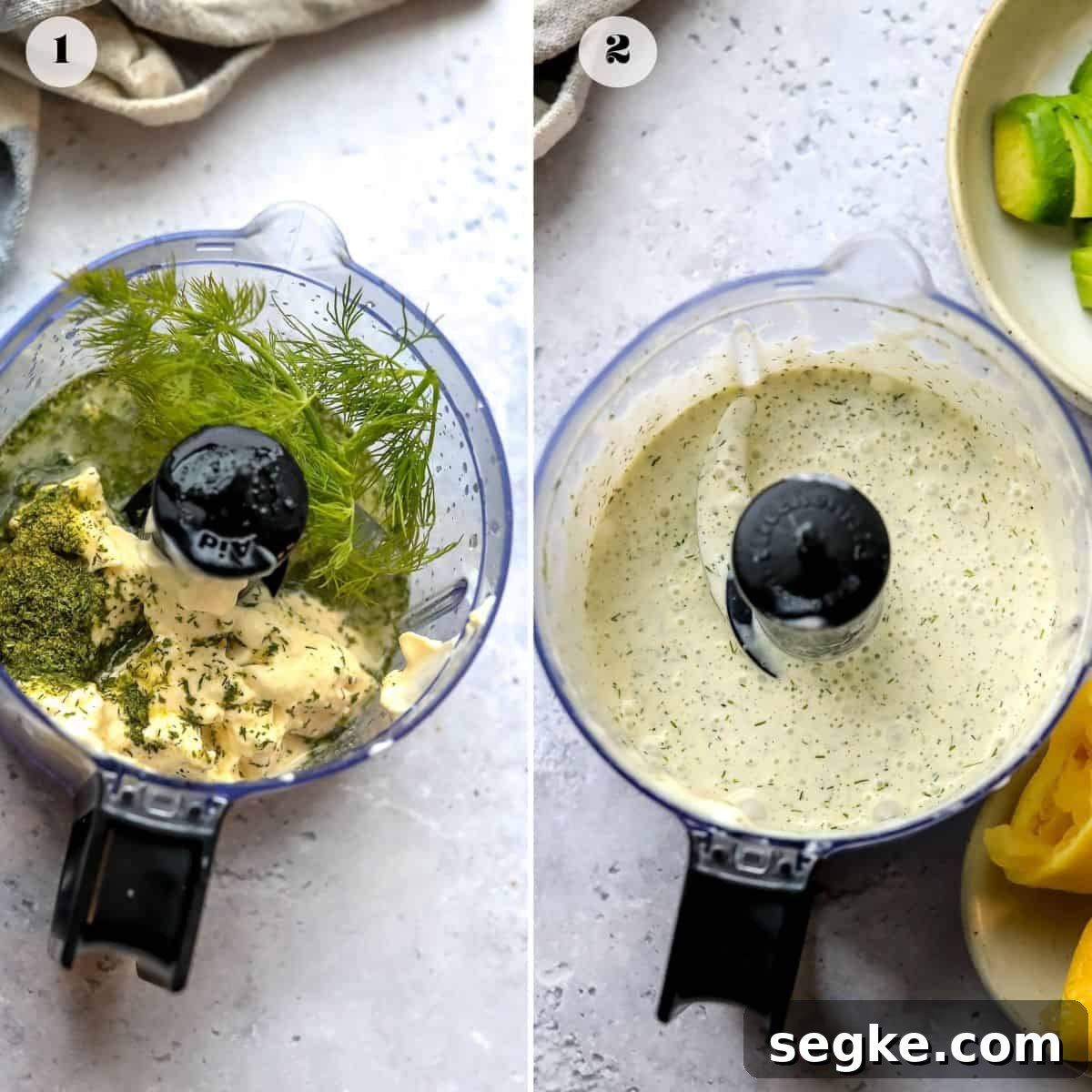 Small food processor with dressing ingredients in it.