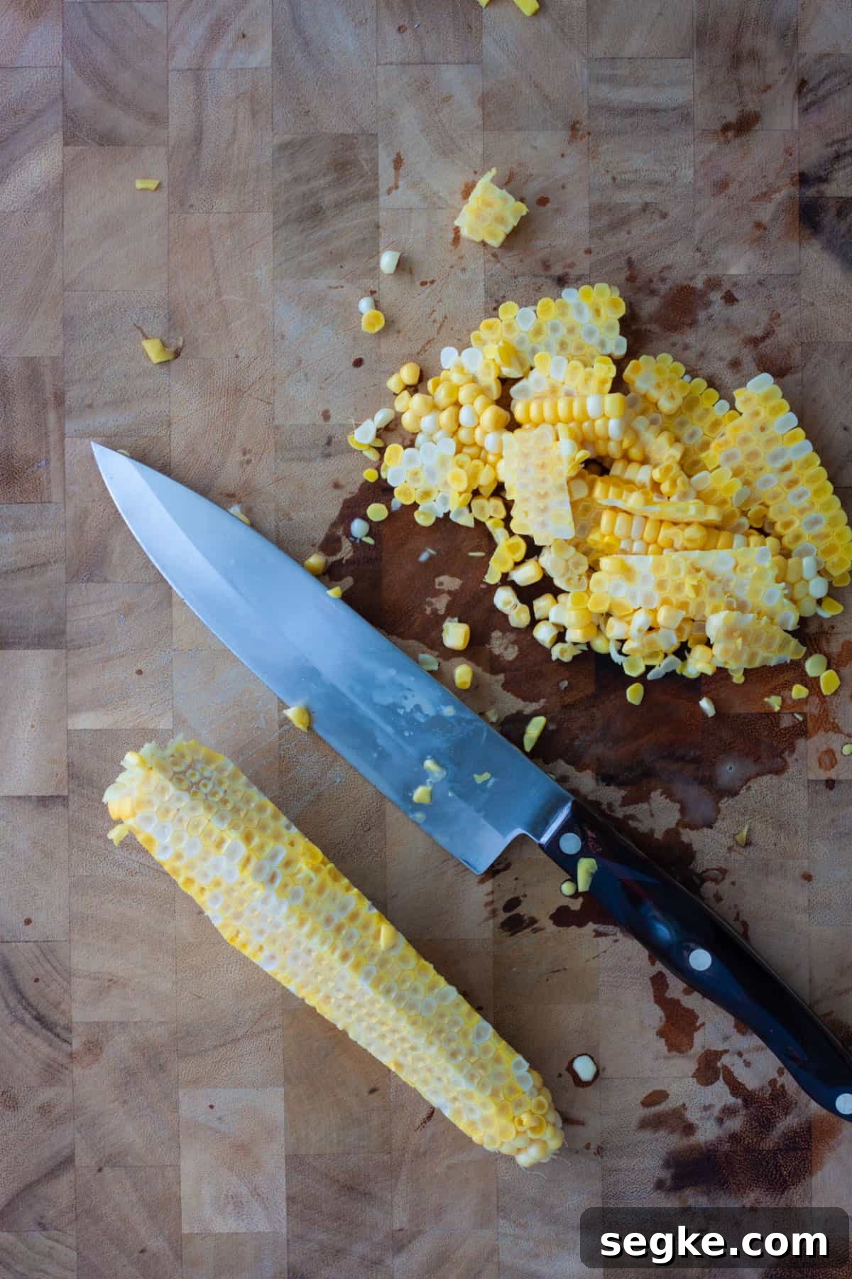 Corn freshly cut off the cob with a chef knife.
