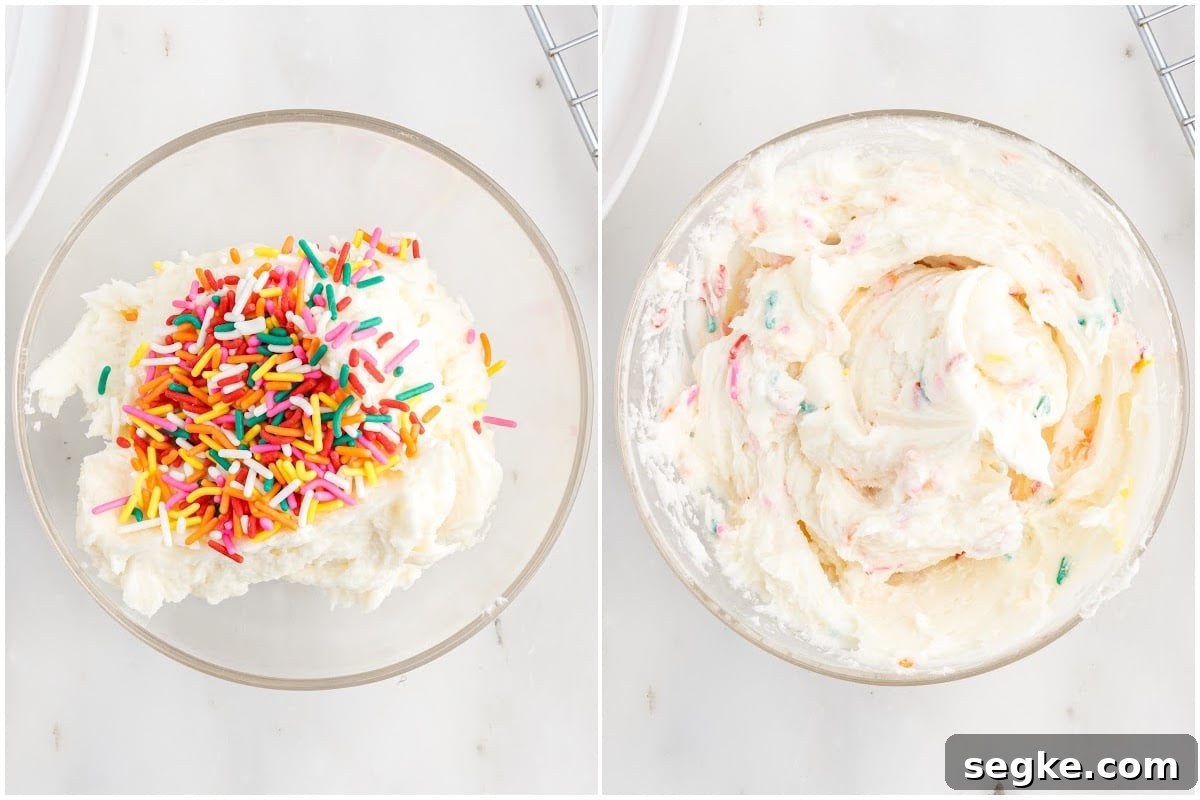 Funfetti Cake Recipe with Rainbow Sprinkles 13 Side by side images of icing with sprinkles added to the top and icing with sprinkles stirred into it.