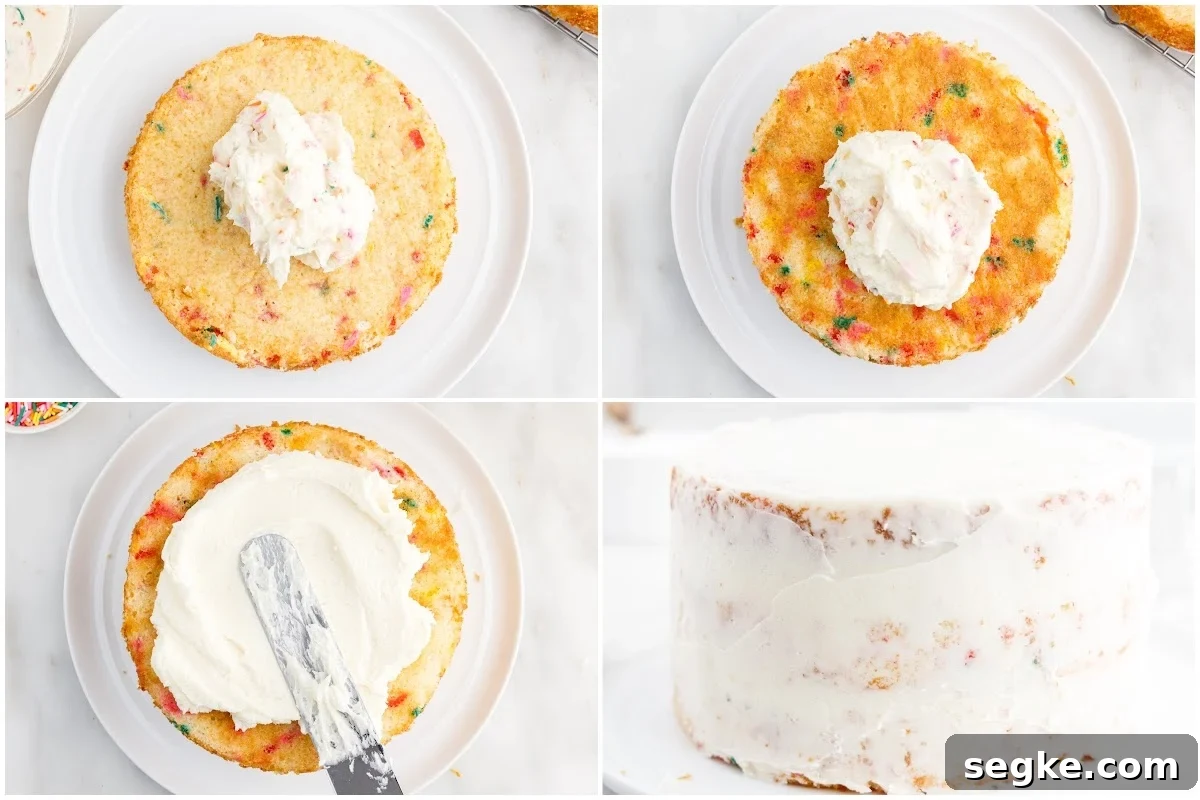 Funfetti Cake Recipe with Rainbow Sprinkles 14 Four images of cake being iced layer by layer and the entire cake iced with a crumb layer.
