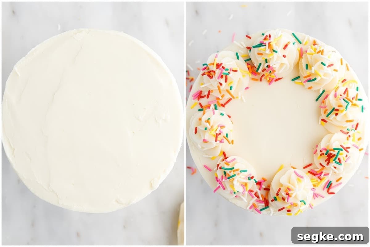 Funfetti Cake Recipe with Rainbow Sprinkles 15 Side by side images of the top of the Funfetti Cake iced and the top of the Funfetti Cake dolloped with icing and sprinkles added.