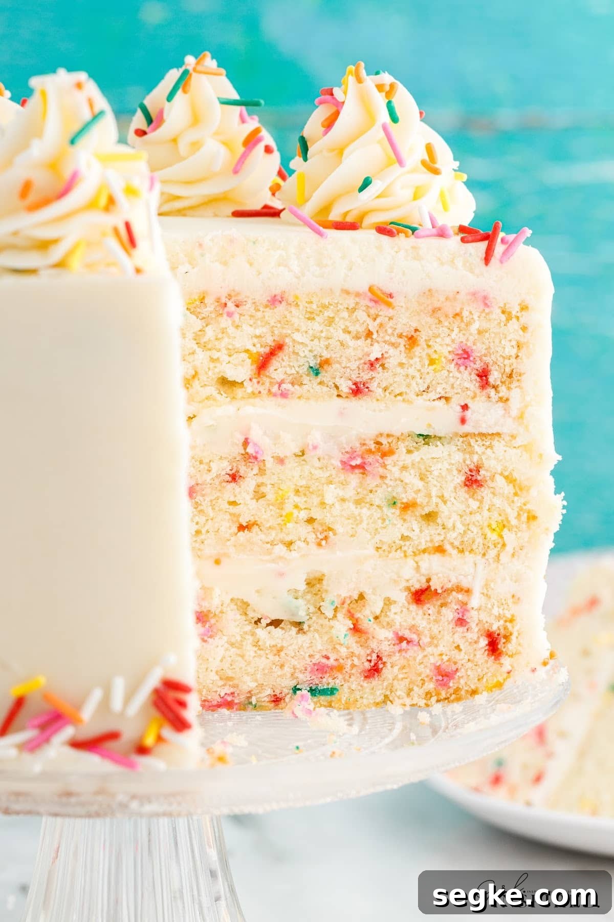 Funfetti Cake Recipe with Rainbow Sprinkles 17 Slices missing from a Funfetti Cake.