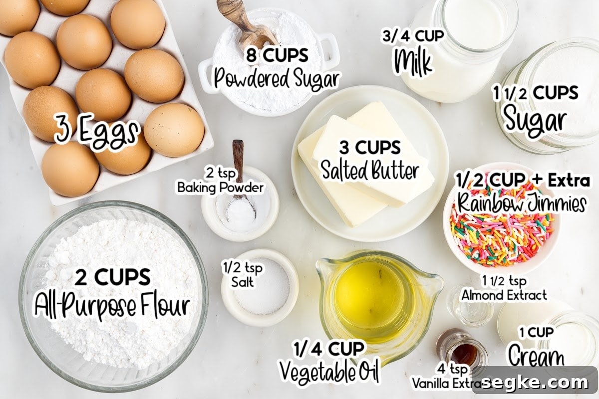 Funfetti Cake Recipe with Rainbow Sprinkles 3 Ingredients needed to make Funfetti Cake with text overlay.