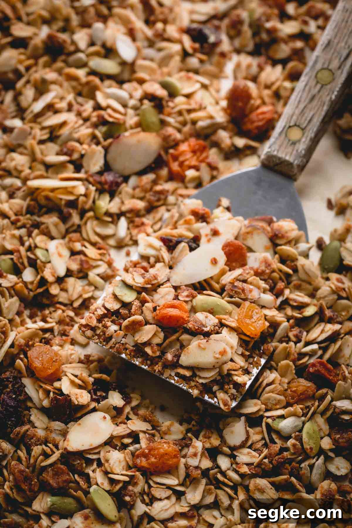 a spatula full of homemade granola.