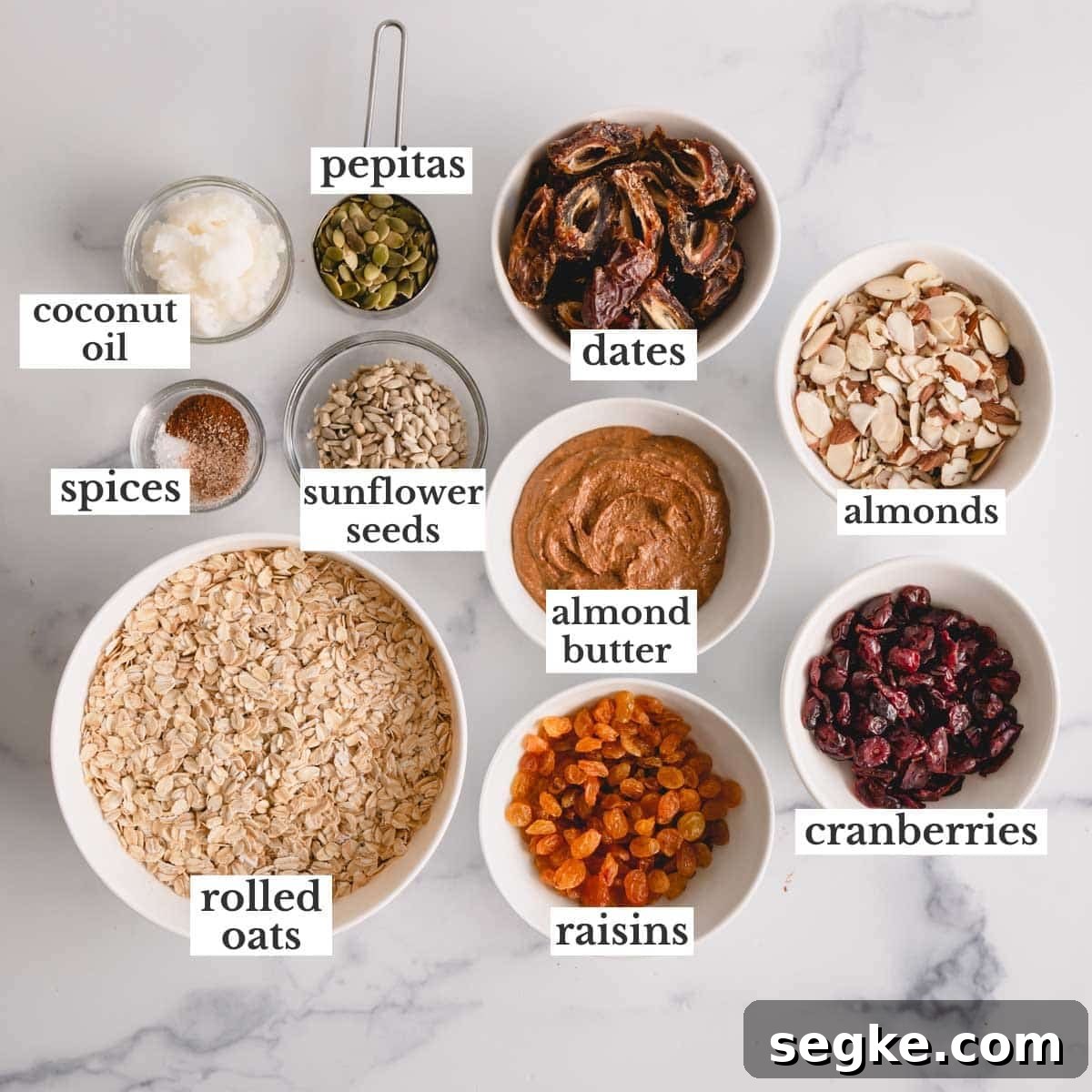 oats, almond butter, coconut oil, dried fruit, nuts, seeds.