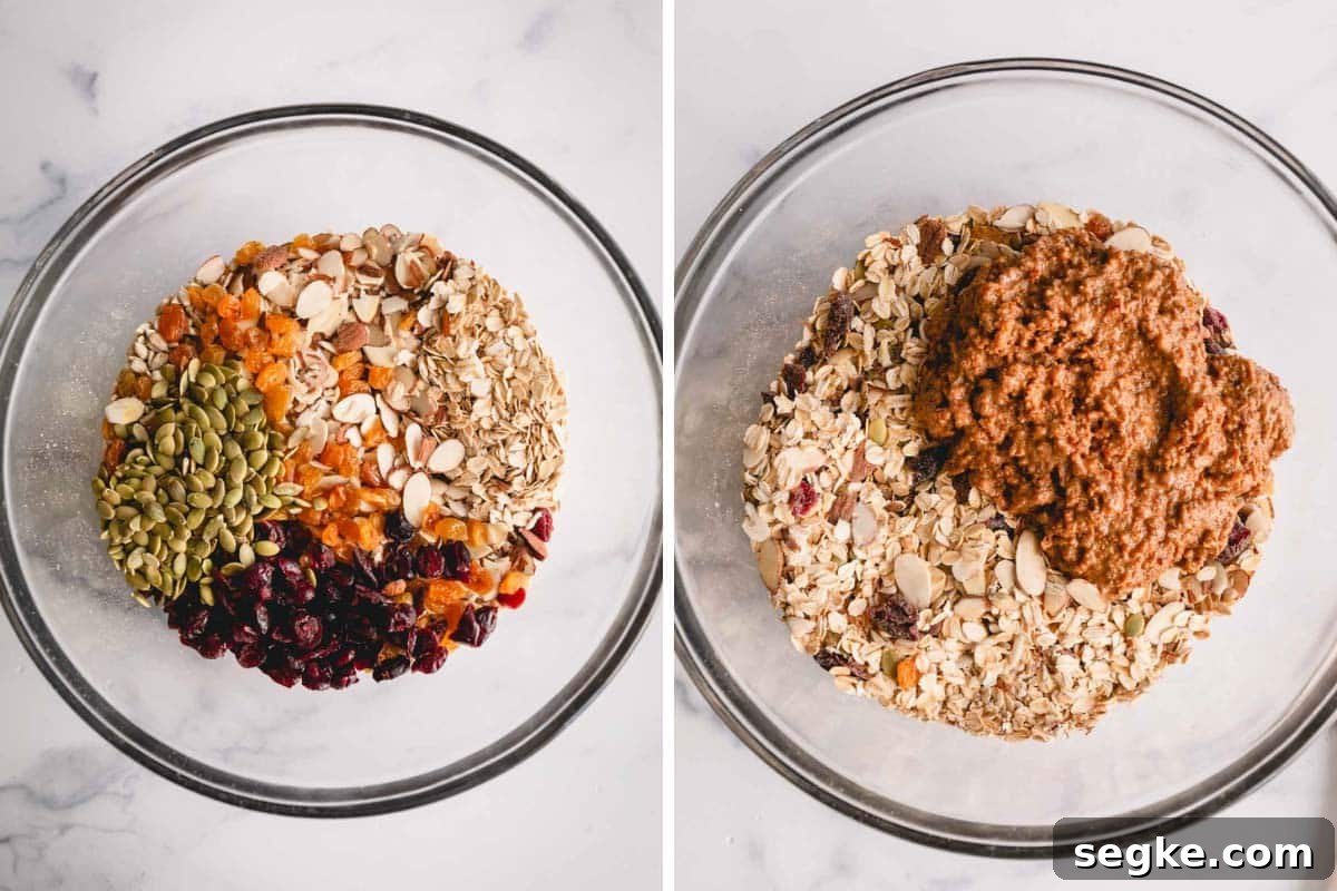 a bowl of oats, dried fruit, and nuts with date paste on top.