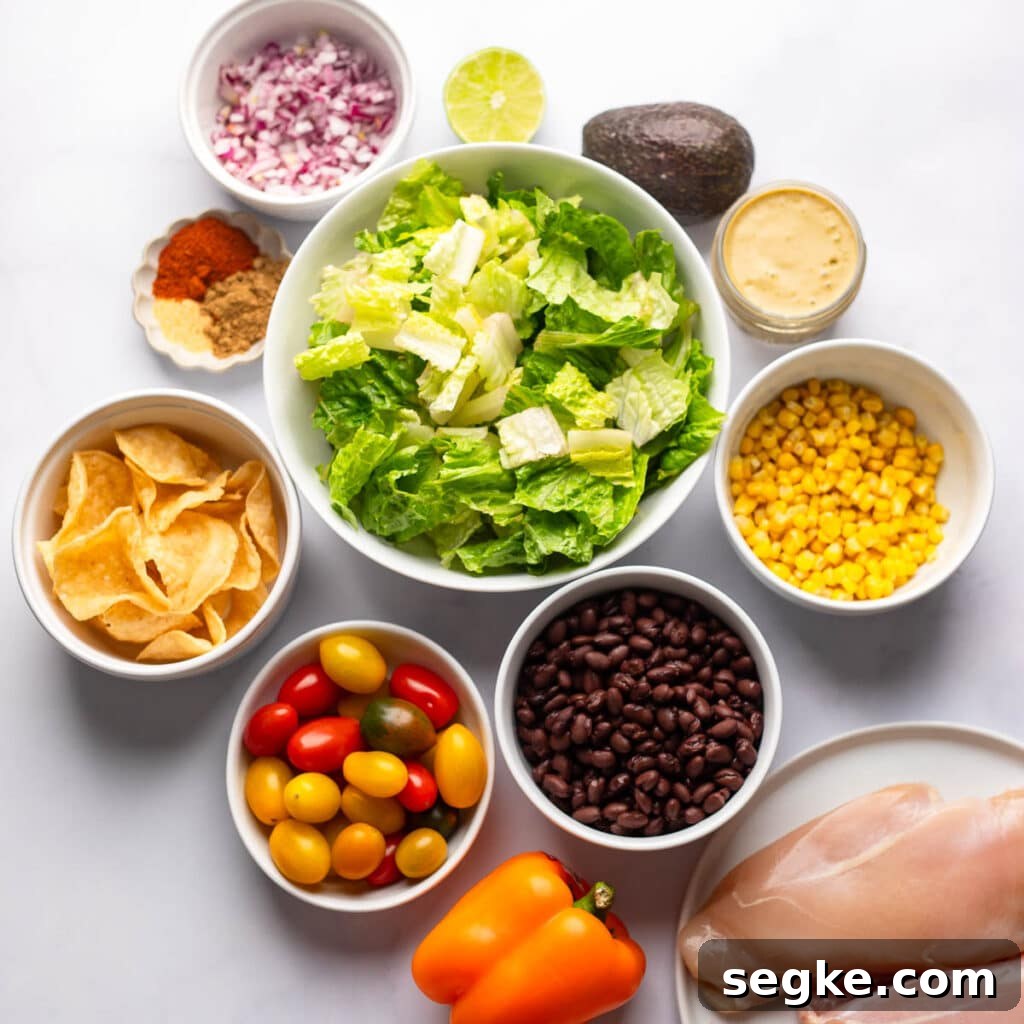 Southwest Chicken Salad with Avocado and Lime Dressing 2 ingredients for southwest chicken salad recipe on white countertop