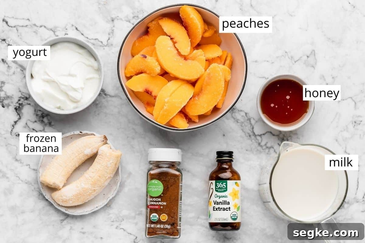 overhead view of the ingredients in this Peach Smoothie Recipe