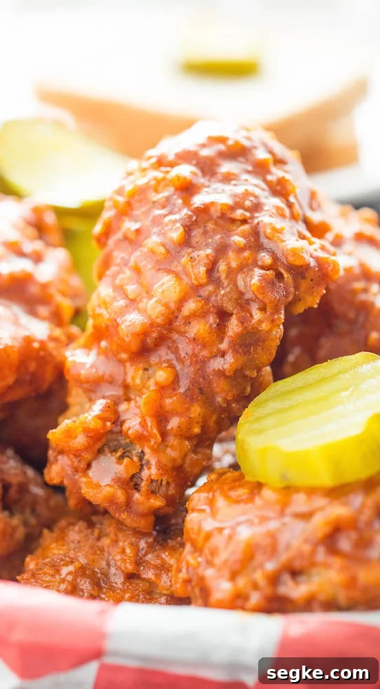 How to Make Crispy Nashville Hot Chicken Wings 3 Nashville Hot Fried Chicken Drumstick next to a pickle slice.