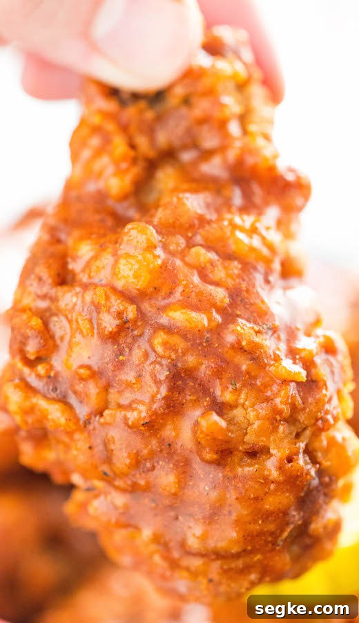 How to Make Crispy Nashville Hot Chicken Wings 6 Sauce dripping from a Nashville Hot Fried chicken wing.