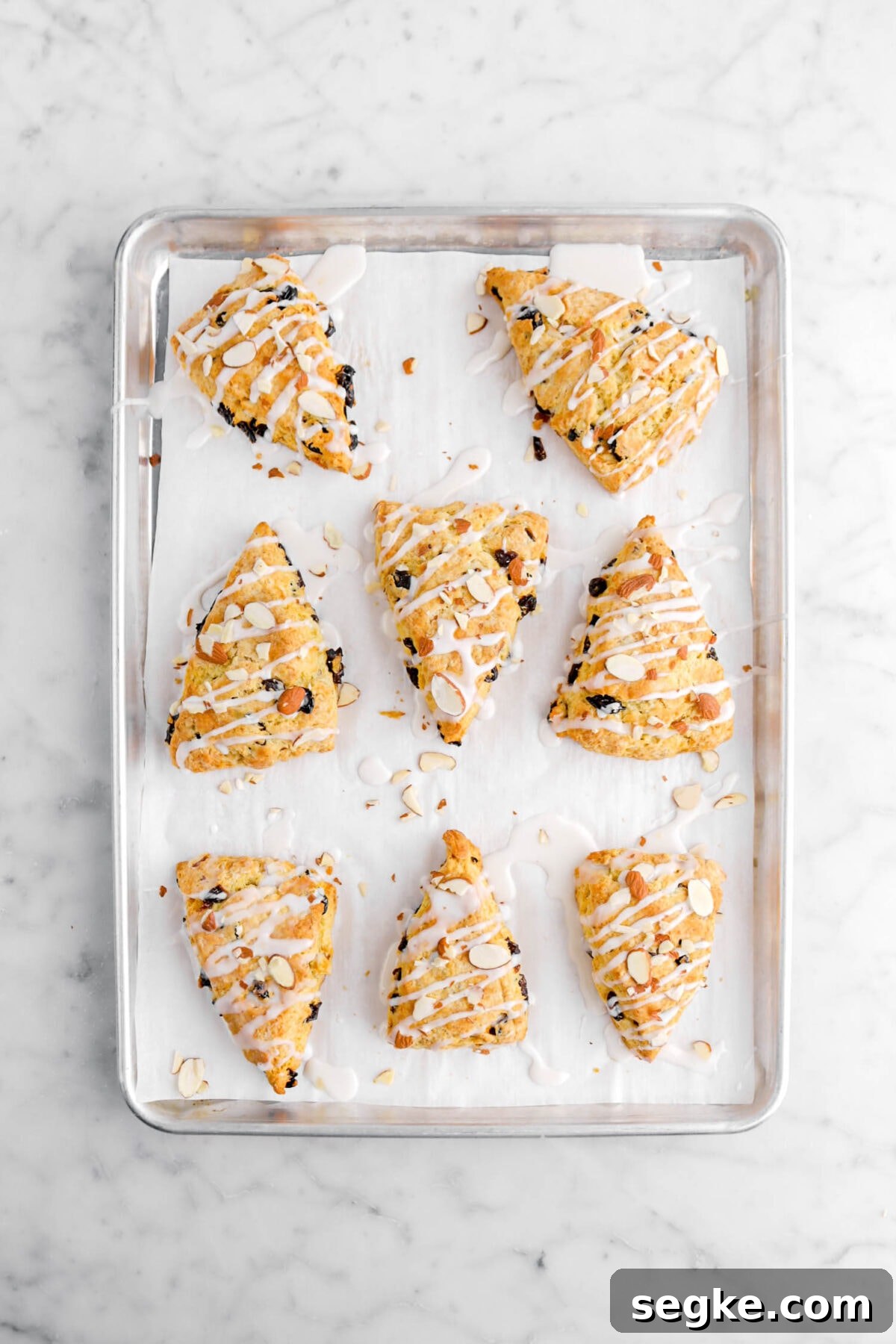 scones drizzled with icing on lined sheet pan.