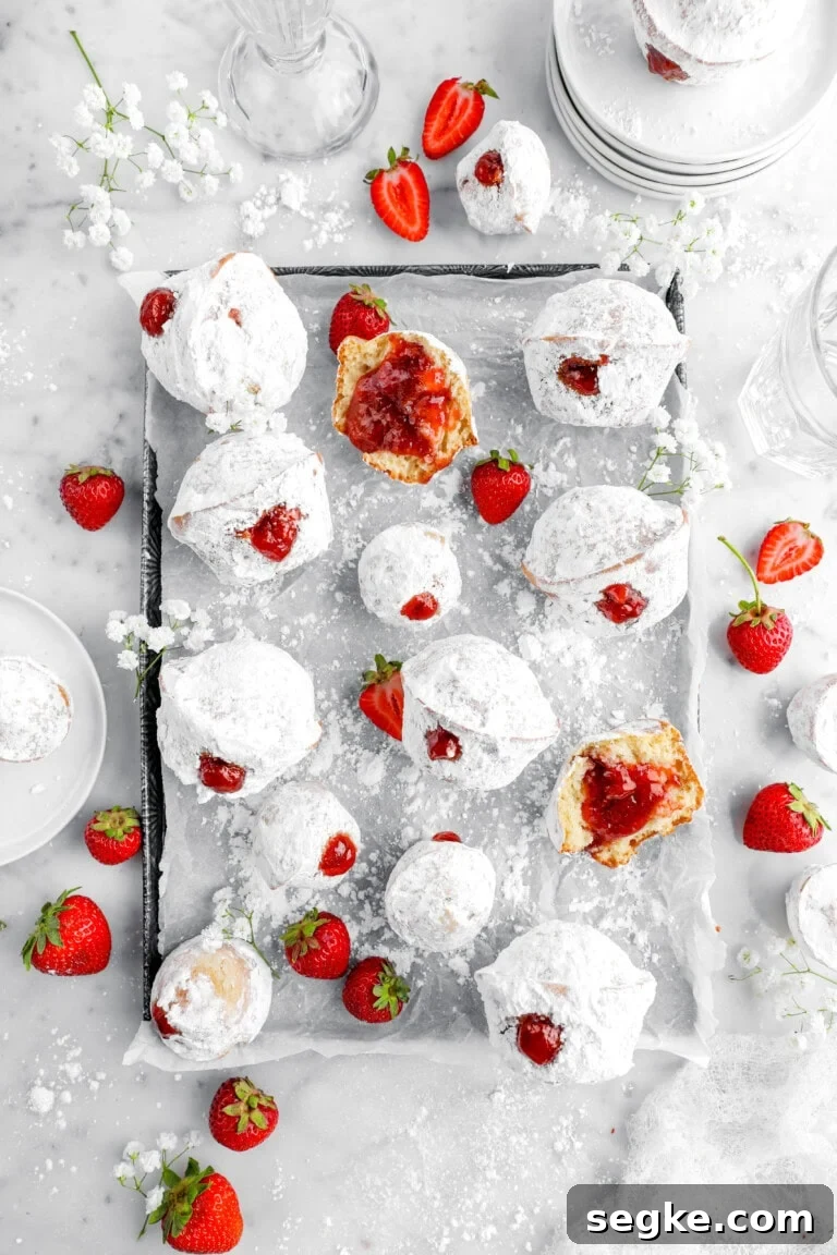 jelly filled muffins on parchment lined pan with strawberries and flowers around.