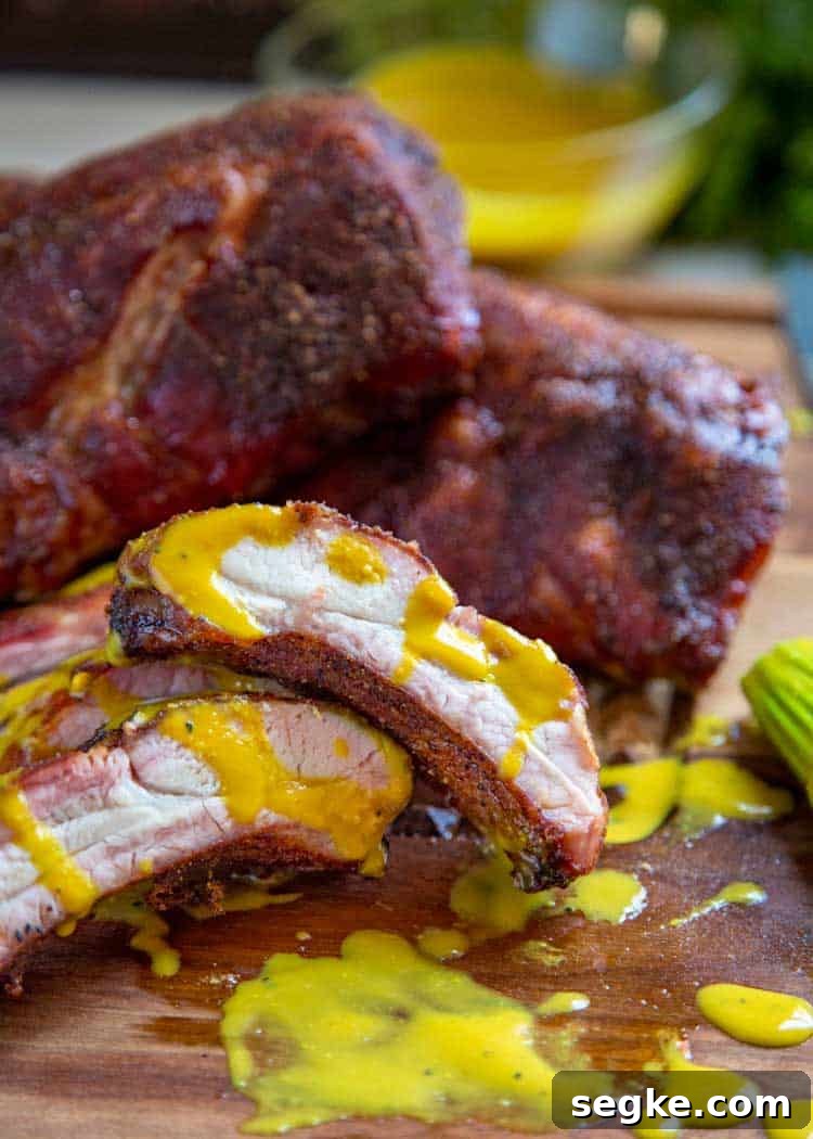 Carolina gold sauce on smoked ribs (shown close up)