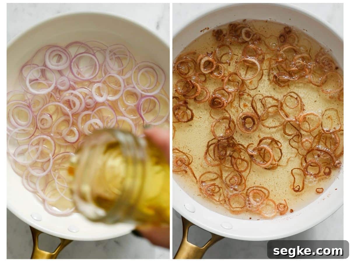 Two steps to frying shallots. In photo 1, a hand is pouring oil in a white pan of shallots. In photo 2, the shallots are fried.