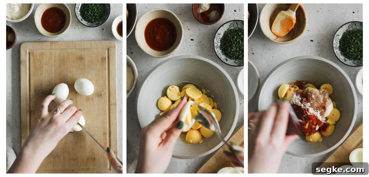 Three steps to making deviled eggs. In photo 1, a hand is slicing eggs on a wood board. In photo 2, a hand is using a spoon to scoop yolks out of a hardboiled egg on a white counter next to bowls of spices. In photo 3, a hand is pouring spices into a bowl of egg yolks.