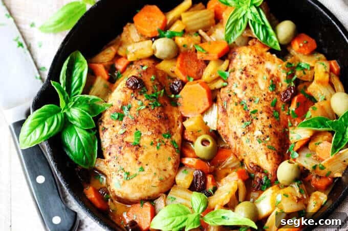 Fennel Chicken Mediterranean Style with carrots, raisins and olives is a very easy, one pot meal recipe for any day of the week. It is seasoned with cinnamon, cumin and smoked paprika for an irresistible and flavorful chicken dish. Horizontal close up photo of chicken breast cooked with fennel, carrots and mediterranean spices.