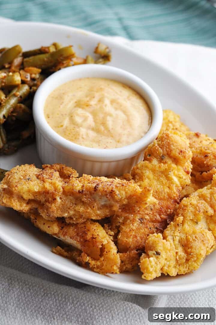 Crispy, Juicy Buttermilk Chicken Strips Recipe 2 Buttermilk chicken strips with paprika dipping sauce and green beans