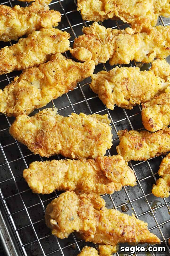 Crispy, Juicy Buttermilk Chicken Strips Recipe 3 Chicken Tenders Cooling on rack